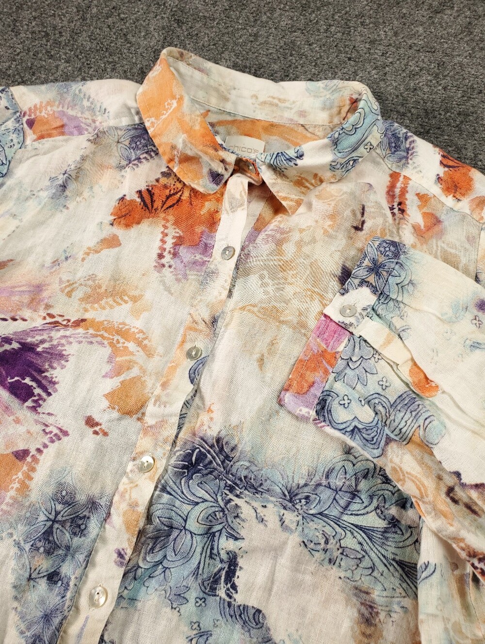 Chicos Linen Button Up Top Size 3 XL Floral Watercolor Print Ivory Orange Blu